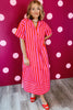 Red Stripe V Neck Cuffed Sleeve Relaxed Split Midi Dress