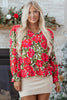 Red Floral Print Lace up V Neck Flounce Sleeve Blouse