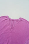 Bright Pink Solid Color Notched Neck Drop Shoulder Sweatshirt