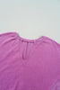 Bright Pink Solid Color Notched Neck Drop Shoulder Sweatshirt