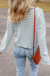 Brown Stripe Textured Frilly Trim Buttons Henley Long Sleeve Top