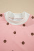 Brown Polka Dot Ribbed Trim Long Sleeve Top Casual Short Set