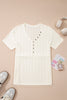 White Solid Color Textured Button V Neck Raw Seam Henley Tee