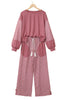 Fushia Raw Seam Patchwork Long Sleeve Top Pocket Casual Pants 2pcs Set