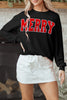 Blackish Green Twisted Rib Outlined Merry Letter Graphic Loose Long Sleeve Top