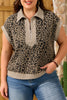 Beige Ribbed Patchwork Collar Cuffed Sleeve Leopard Plus Top