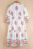 White Floral Print Half Button Mandarin Neck 3/4 Sleeve Maxi Dress