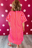 Red Stripe V Neck Cuffed Sleeve Relaxed Split Midi Dress