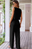 Black Buttoned Vest Drawstring Wide Leg Pants 2pcs Set