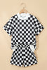 Pink Checkered Print Color Block Trim Mock Neck Short Set