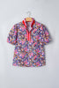 Purple Ditsy Floral Print Plaid Colorblock Trim V Neck Blouse