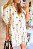 Beige Cute Bowknot Printed Bubble Sleeve V Neck Mini Dress