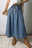 Sky Blue Stripe Button Pintuck High Waist Drawstring Denim Midi Skirt