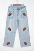 Beau Blue Sequin Rugby Pattern Raw Hem Casual Jeans