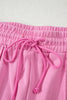 Bright Pink Polo Collar V Neck Pullover and Drawstring Sweatpants Set