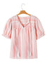 Pink Stripe Plus Size Tassel Tie Frilled Detail Short Sleeve Blouse