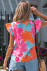 Multicolour Vibrant Flower Printed Tie V Neck Ruffle Trim Sleeveless Blouse
