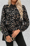 Black Leopard Print Lantern Sleeve Mock Neck Pleated Blouse