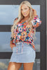 Black Floral 3/4 Flare Sleeve Tied V Neck Blouse