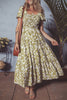 Yellow Boho Floral Square Neck Smocked Bust Puff Sleeve Tiered Long Dress