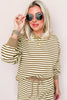 Brown Stripe Textured Drop Shoulder Pullover Top Drawstring Mini Skirt Two Piece Dress Set