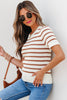 Khaki Stripe Scalloped Round Neck Short Sleeve Sweater