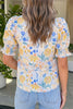 Yellow Floral Print Striped Trim V Neck Puff Sleeve Blouse