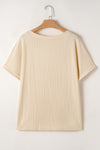 Beige Lace Crochet Patched Cable Textured Cuffed Short Sleeve Plus Size Top