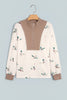 Beige Wild Mallard Print Color Block Patchwork Zip Neck Tunic Top