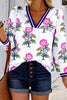 White Floral Print Striped V Neck Blouse