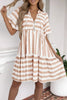 Khaki Stripe Tie V Neck Ruffle Trim Short Sleeve Flared Summer Dress
