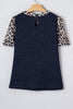 Navy Blue Ribbed Contrast Leopard Patchwork Short Sleeve Top