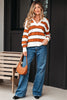 Brown Stripe Ribbed Polo Collar Drop Shoulder Sweater