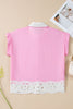 Pink Hollow-out Floral Contrast Patchwork Short Sleeve Button Up Shirt