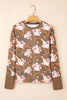 Brown Floral Print Waffle Textured Long Sleeve Top