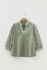 Grass Green Floral Puff Sleeve Contrast V Neck Patchwork Blouse