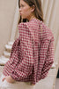Coral Country Plaid Long Sleeve Button Keyhole Pleated Loose Blouse