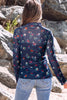 Blue Polka Dot Floral Mesh Long Sleeve High Neck Pullover Sheath Top