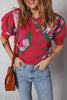 Red Floral Abstract Print Short Puff Sleeve Sweater