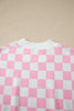 Pink Checkered Print Color Block Trim Mock Neck Short Set