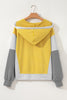 Yellow Stripe Color Block Drawstring V Neck Loose Fit Hooded Top