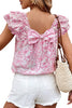 Pink Floral Ruffled Short Sleeve Bow Back Square Neck Blouse