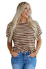 Brown Stripe Textured Side Slits Crew Neck T Shirt