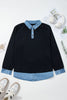 Black Solid Colorblock Long Sleeve V-Neck Plus Size Blouse