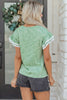 Clearly Aqua Twilled Print Lace Trim Ruffled Short Sleeve Blouse