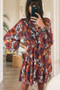 Red Floral Print Wrap V Neck Puff Sleeve Flowy Mini Dress