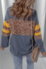 Dark Blue Leopard Colorblock Patchwork Long Sleeve Drop Shoulder Top