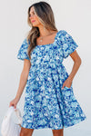 Blue Floral Puff Sleeve Babydoll Mini Dress