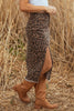 Brown Leopard Denim Frayed Split Denim Midi Skirt