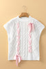 White Cable Knit Colorblock Satin Bowknot Short Sleeve Sweater